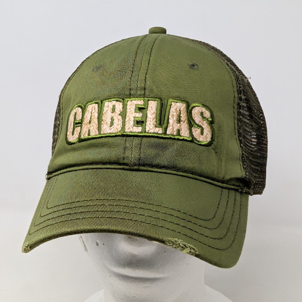 Cabelas Trucker Hat Mens Olive Green Mesh Back Distressed Logo Adjustable Cap